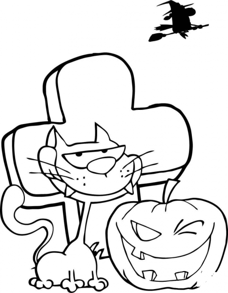 Black Cat and Halloween Pumpkin Winking in Front of Tombstone coloring page image