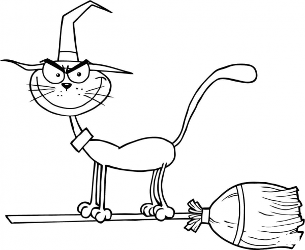 Black Cat Flying a Broom coloring page image