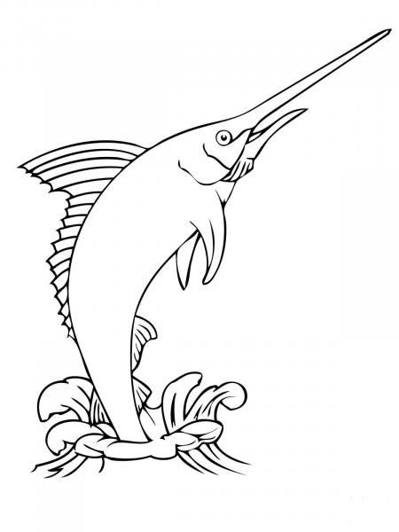 Blue Marlin Jumping Out Water coloring page image