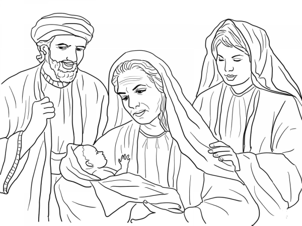 Boaz, Naomi, Ruth and Baby Obed coloring page image