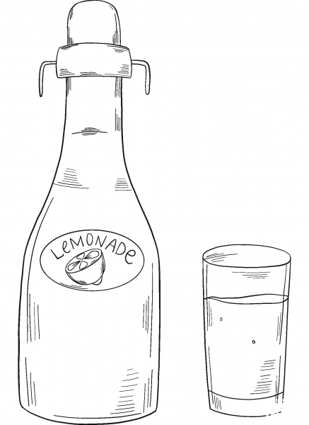 Bottle of Lemonade and Glass coloring page image