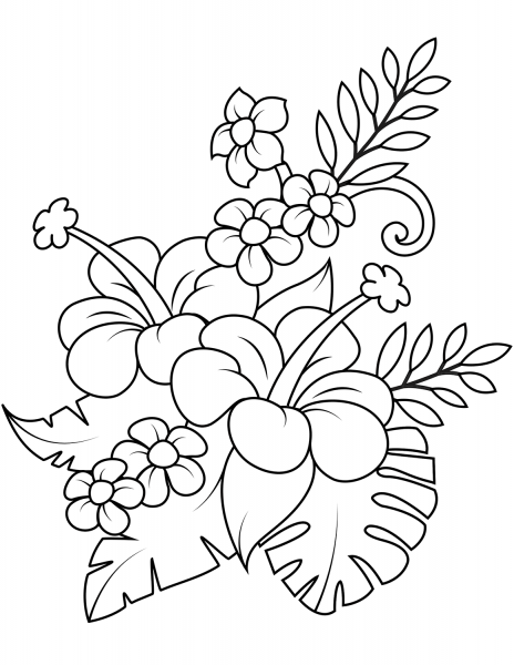 Bouquet with Hibiscus and Monstera Leaves coloring page image