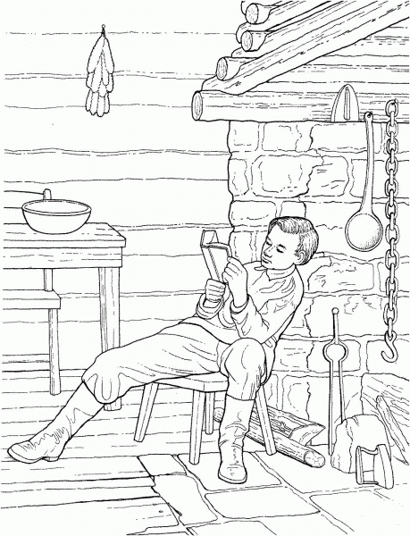 Boy Abe Lincoln Reading in a Log Cabin coloring page image