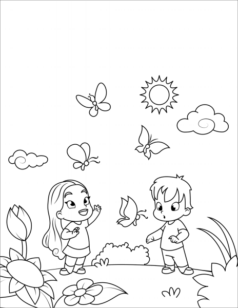 Boy and Girl Admiring Butterflies coloring page image
