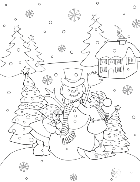 Boy and Girl Building a Snowman coloring page image