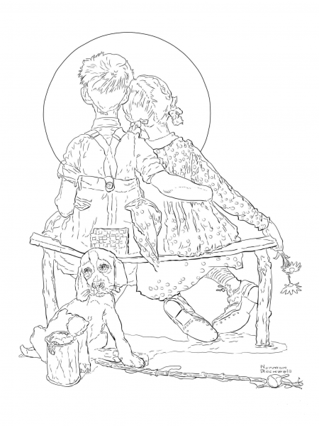 Boy and Girl Gazing at the Moon by Norman Rockwell coloring page image