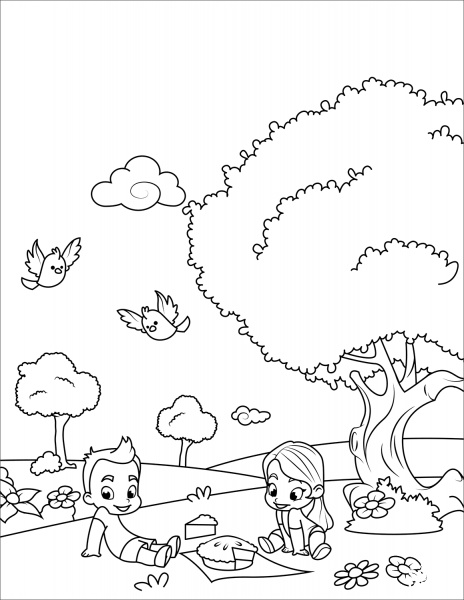 Boy and Girl on a Picnic coloring page image