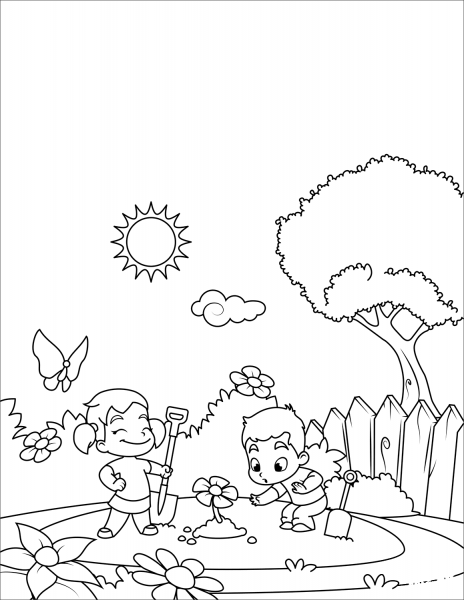 Boy and Girl Plant Flowers coloring page image