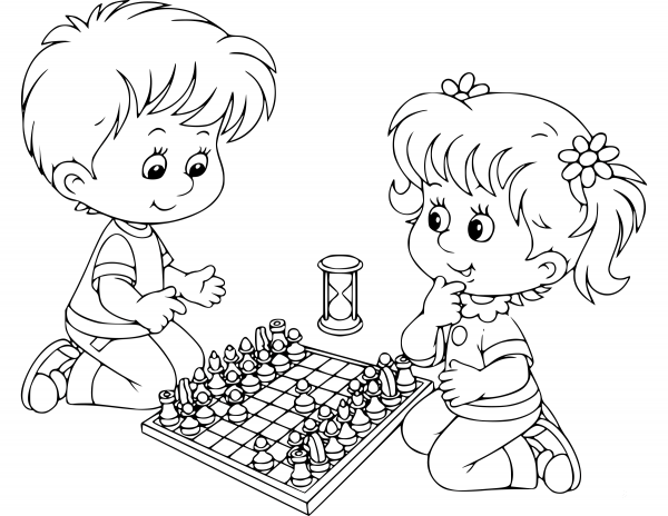 Boy and Girl Playing Chess coloring page image
