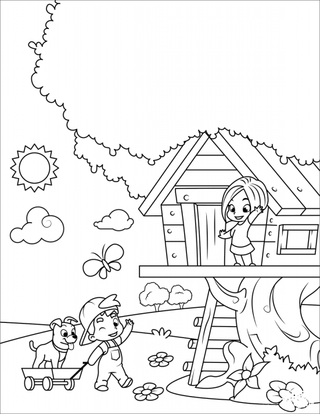 Boy and Girl Playing in a Tree House coloring page image