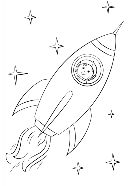 Boy Astronaut Flying in a Space Rocket coloring page image
