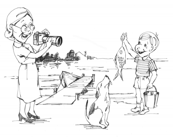 Boy Catches a Fish coloring page image