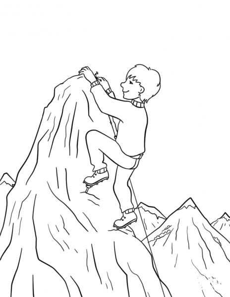 Boy Climbing on a Mountain Summit coloring page image