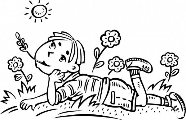 Boy Daydreaming in a Field coloring page image
