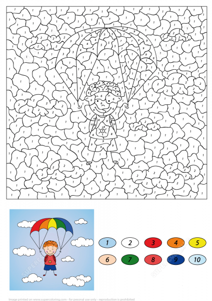 Boy Descends on a Parachute Color by Number image