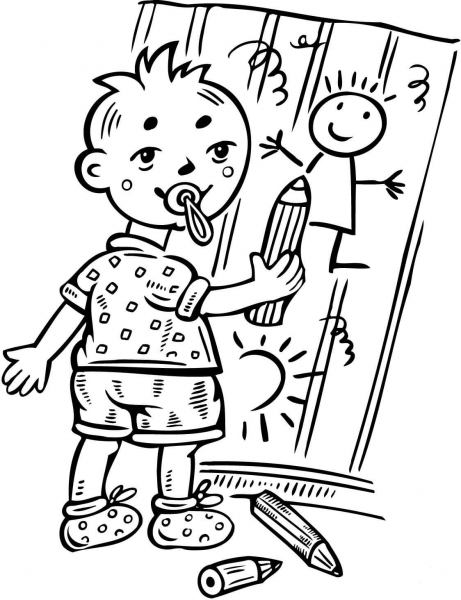 Boy Drawing Pictures on Wall coloring page image