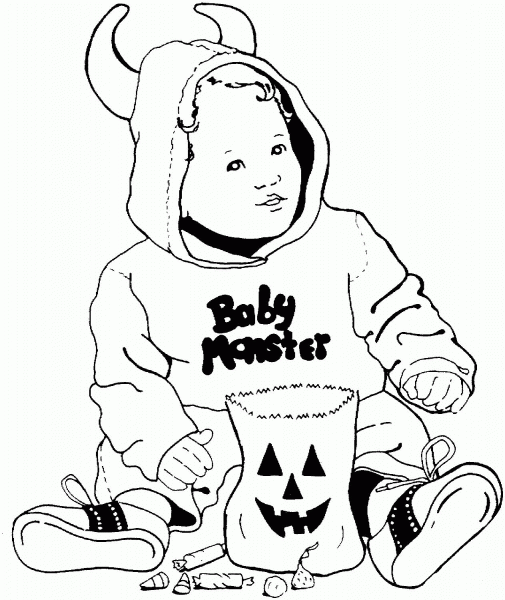 Boy Dressed for Halloween with Candies coloring page image