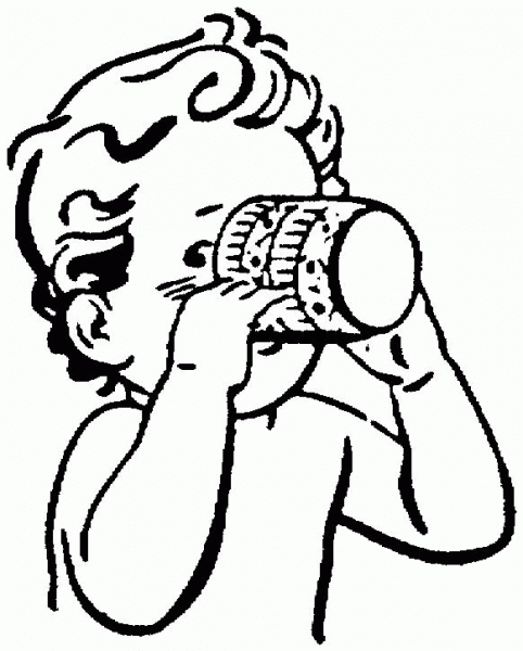 Boy drinks a juice  coloring page image