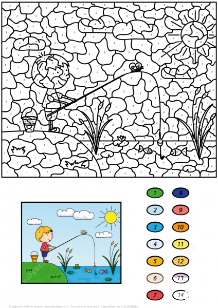 Boy Fisherman with Fishing Rod on the Lake Color by Number image