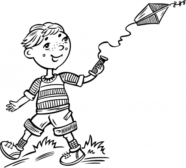 Boy Flying a Kite coloring page image