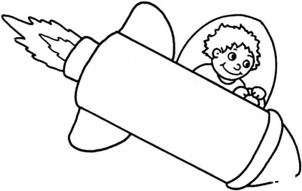 Boy Flying a Space Rocket coloring page image