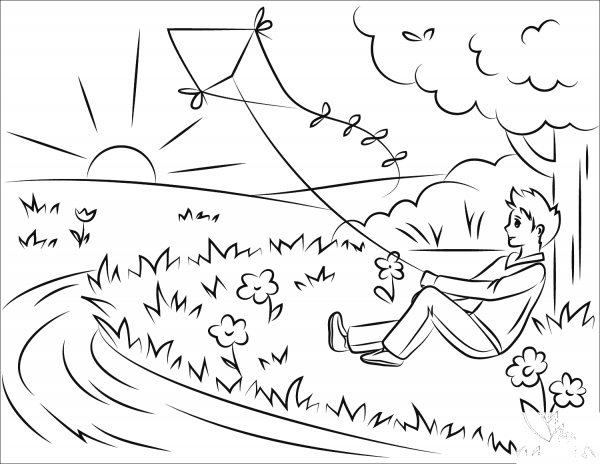 Boy Flying Kite at Sunset coloring page image