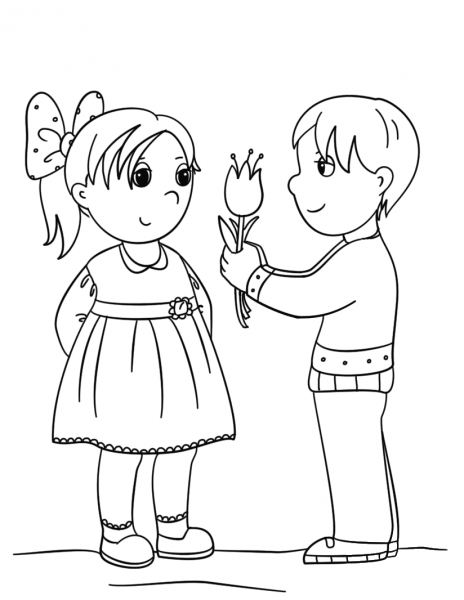 Boy Gives Flower to Girl coloring page image