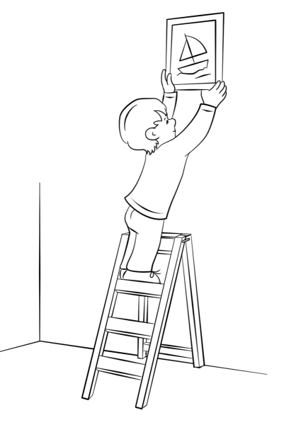Boy Hanging Picture on a Wall with Ladder coloring page image