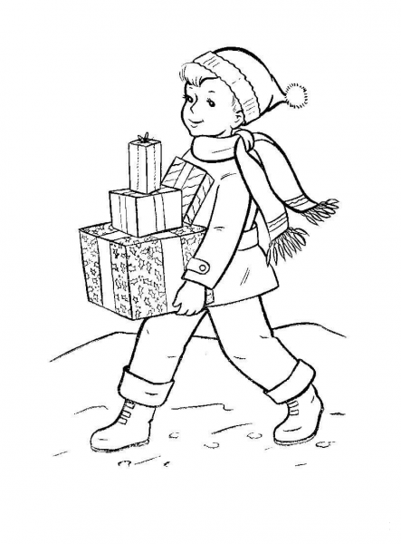Boy is bringing Chritmas gifts to his famliy coloring page image