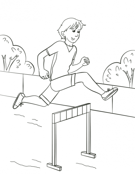 Boy Jumping Hurdle coloring page image