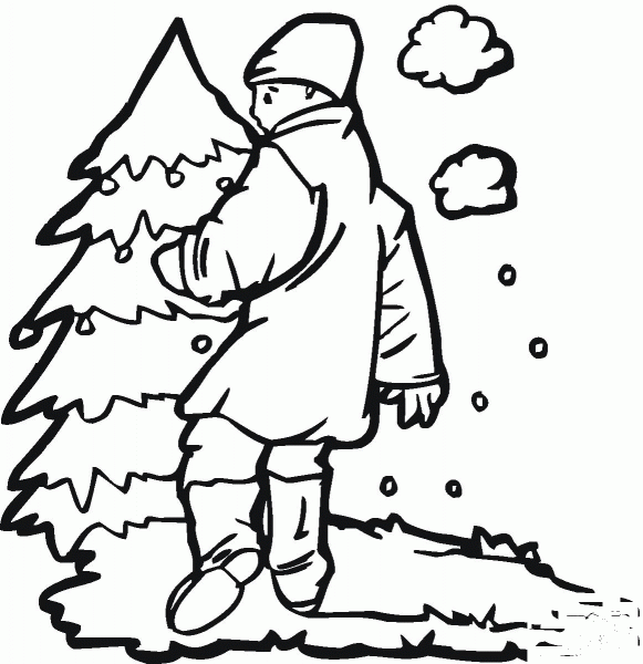 Boy Near a Pine Tree coloring page image
