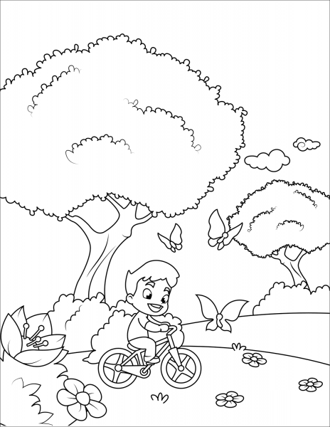 Boy on a Bicycle Chasing Butterflies coloring page image
