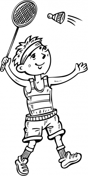 Boy Playing Badminton coloring page image