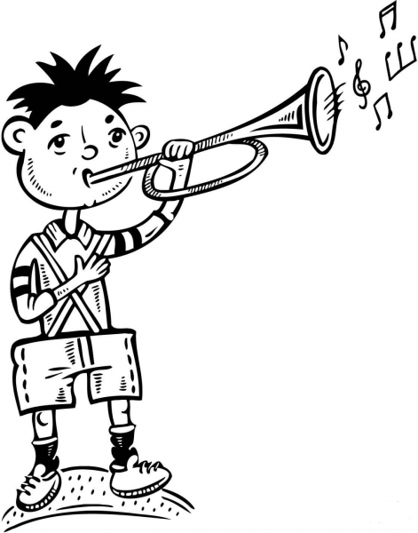 Boy Playing the Trumpet coloring page image