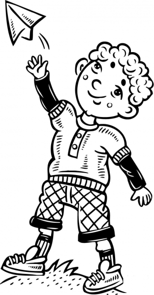 Boy Playing with a Paper Airplane coloring page image