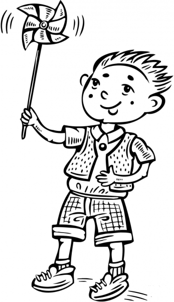 Boy Playing with a Toy Windmill coloring page image