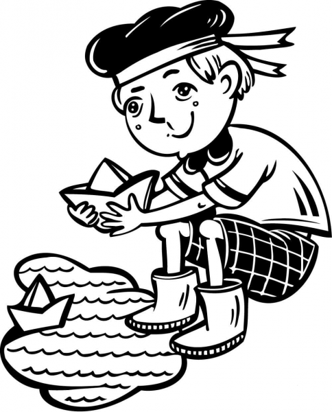 Boy Playing with Boats in a Puddle coloring page image