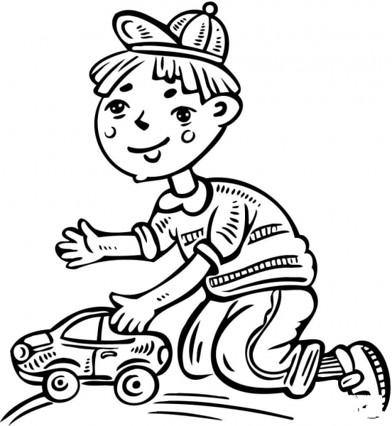 Boy Playing with His Toy Car coloring page image