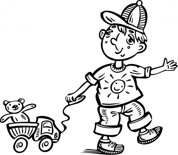 Boy Playing with His Toy Truck coloring page image