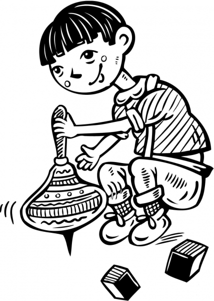 Boy Playing with Spinning Tops coloring page image