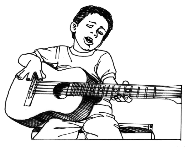 Boy Plays Guitar  coloring page image