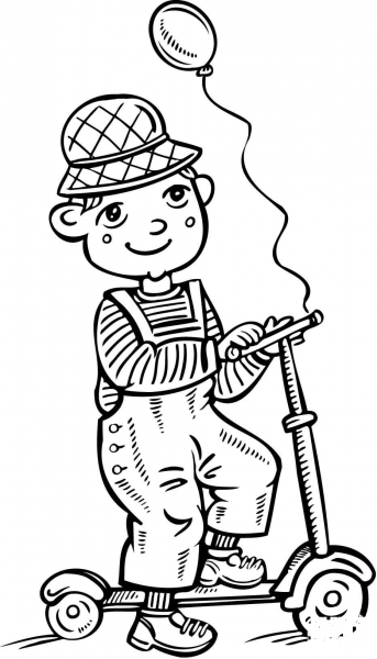 Boy Riding His Scooter coloring page image