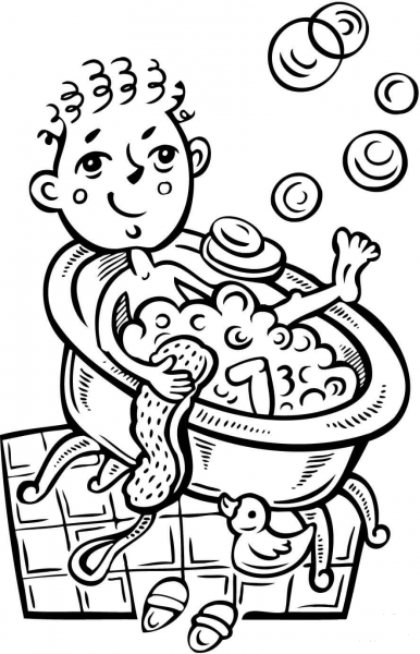 Boy Taking a Bubble Bath coloring page image