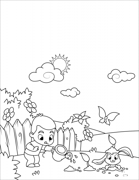 Boy Watering Flowers and Cute Rabbit Digging Through Them coloring page image