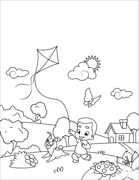 Boy with a Dog Flying a Kite coloring page image