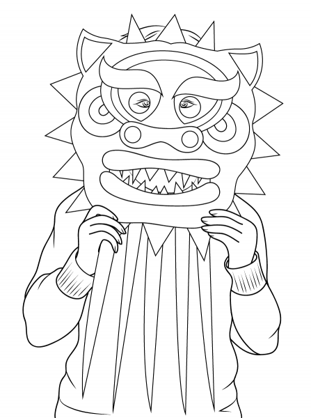 Boy with Chinese Dragon Mask coloring page image