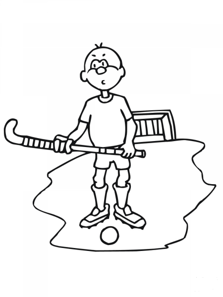 Boy with Field Hockey Stick and Ball coloring page image