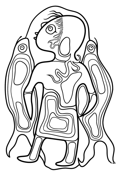Boy with Fish by Norval Morrisseau coloring page image