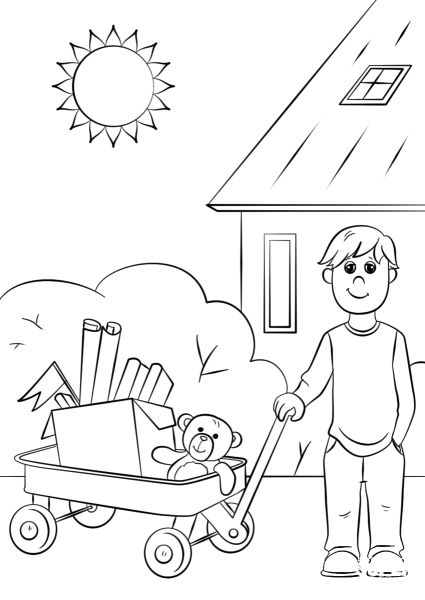 Boy with Red Wagon coloring page image
