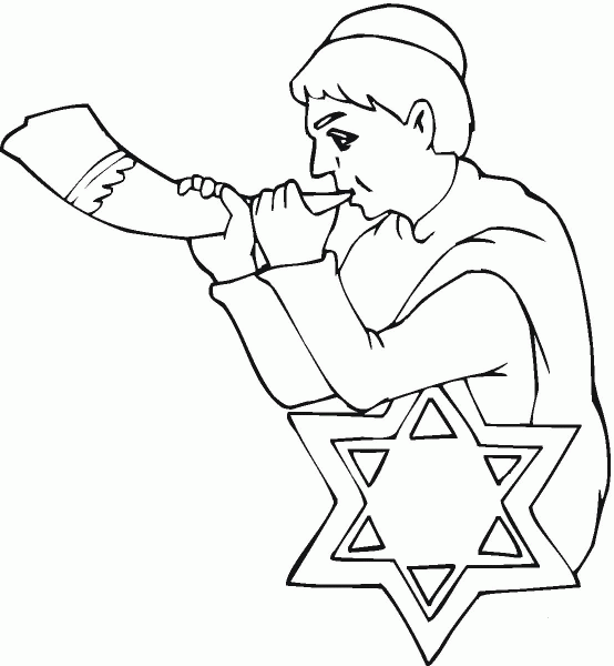 Boy with Shofar on Rosh Hashanah coloring page image